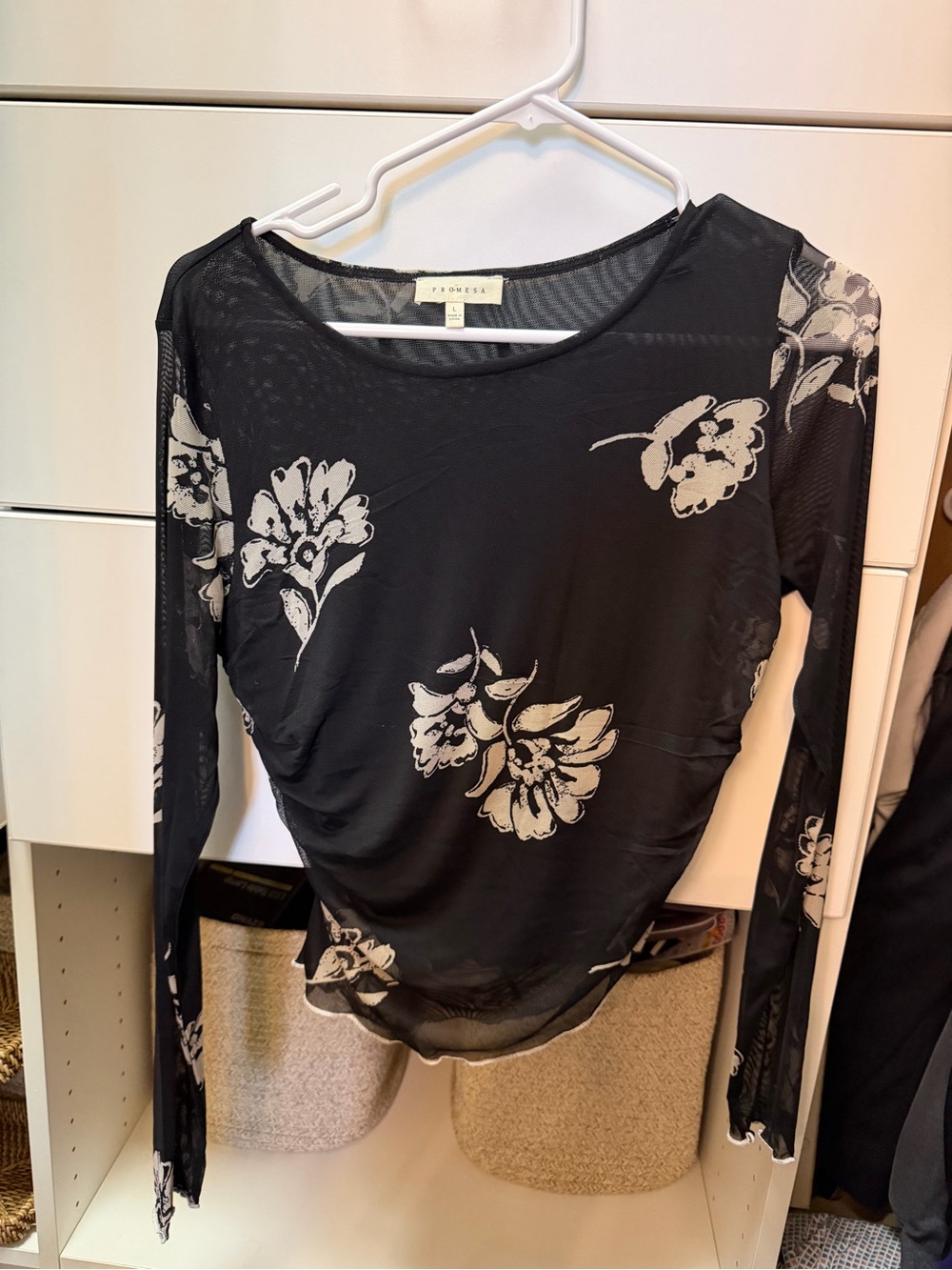 Promesa Black Mesh Long-Sleeve Top with White Floral Print